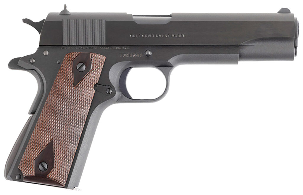 Colt Government Series 70 1911 .45 ACP pistol with 5-inch blued barrel and wood grips