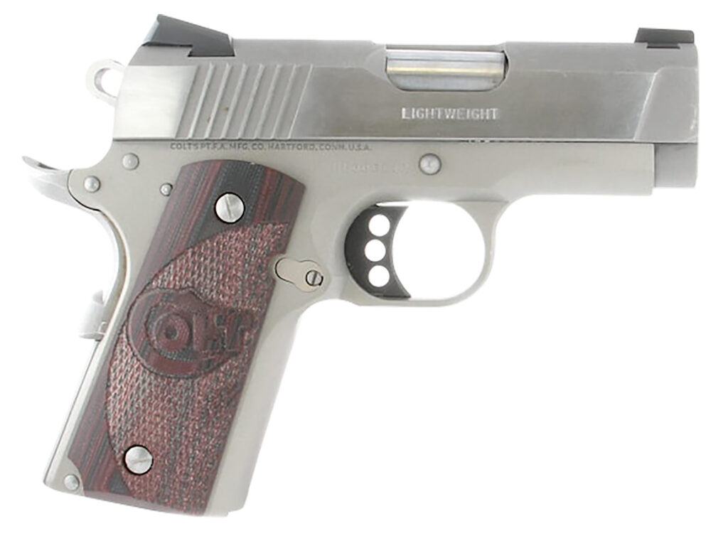 Colt Defender 1911 .45 ACP pistol with 3 inch barrel and black cherry G10 grips
