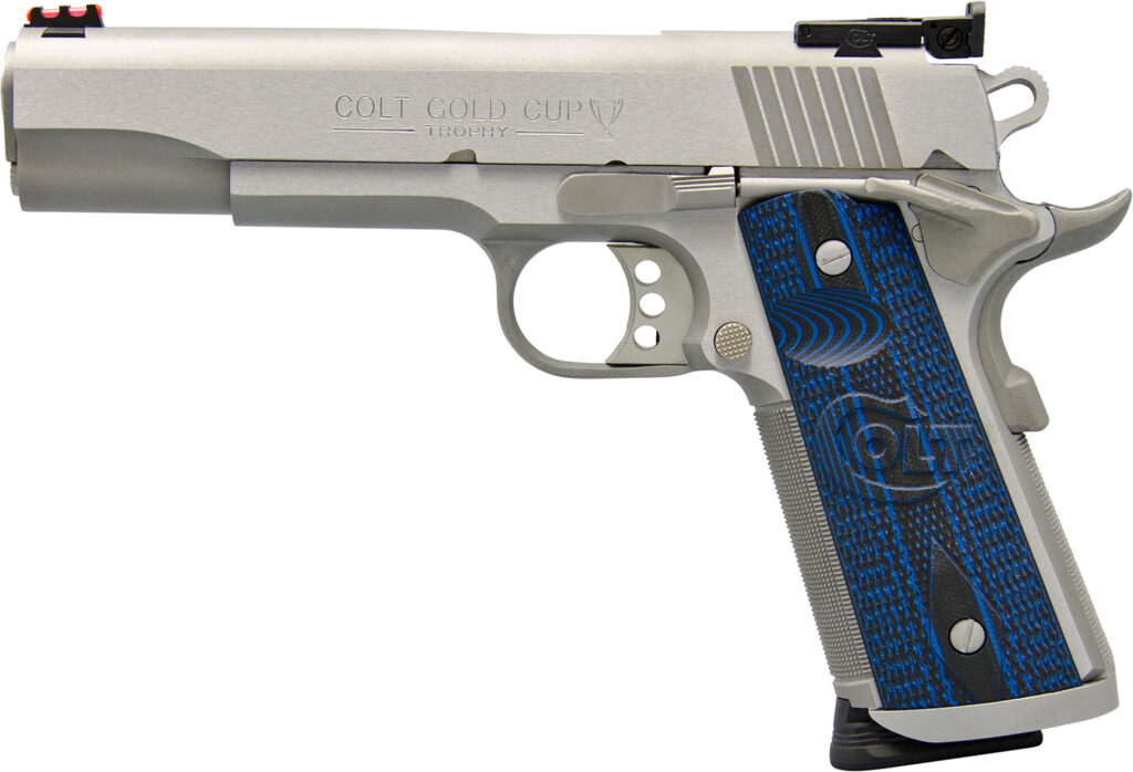 Colt Gold Cup Trophy 9mm stainless pistol with 5-inch barrel and blue G10 grips