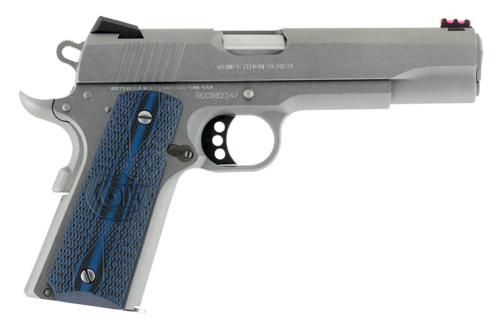 Colt 1911 Series 70 Competition .45 ACP stainless pistol with blue G10 grips