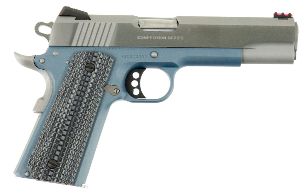 Colt Competition 9mm Luger pistol with 5-inch barrel and blue titanium frame
