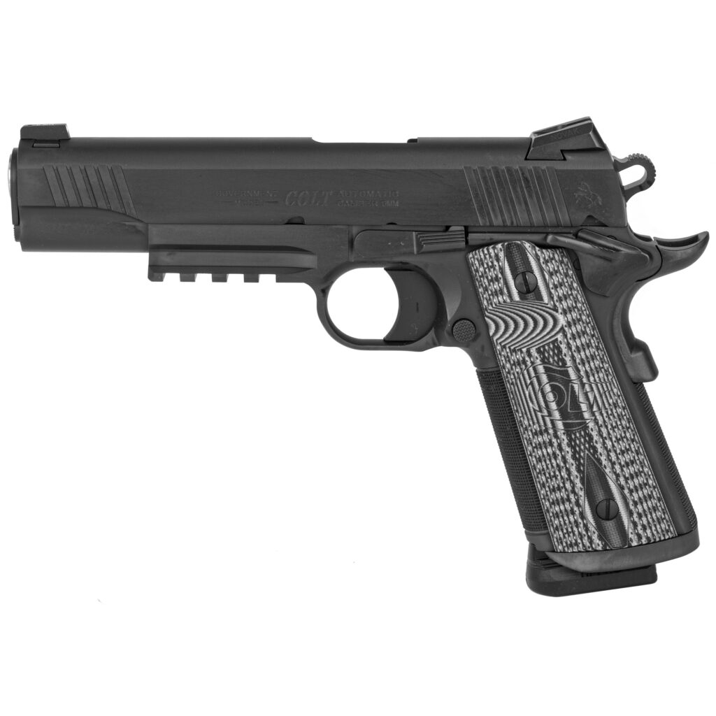 Colt CCU Rail Gun 9mm Luger pistol with 5-inch barrel, black finish, G10 grips, and accessory rail