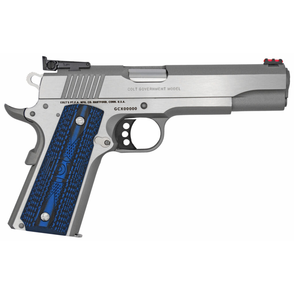 Colt Gold Cup Lite 9mm stainless pistol with 5-inch barrel and blue G10 grips