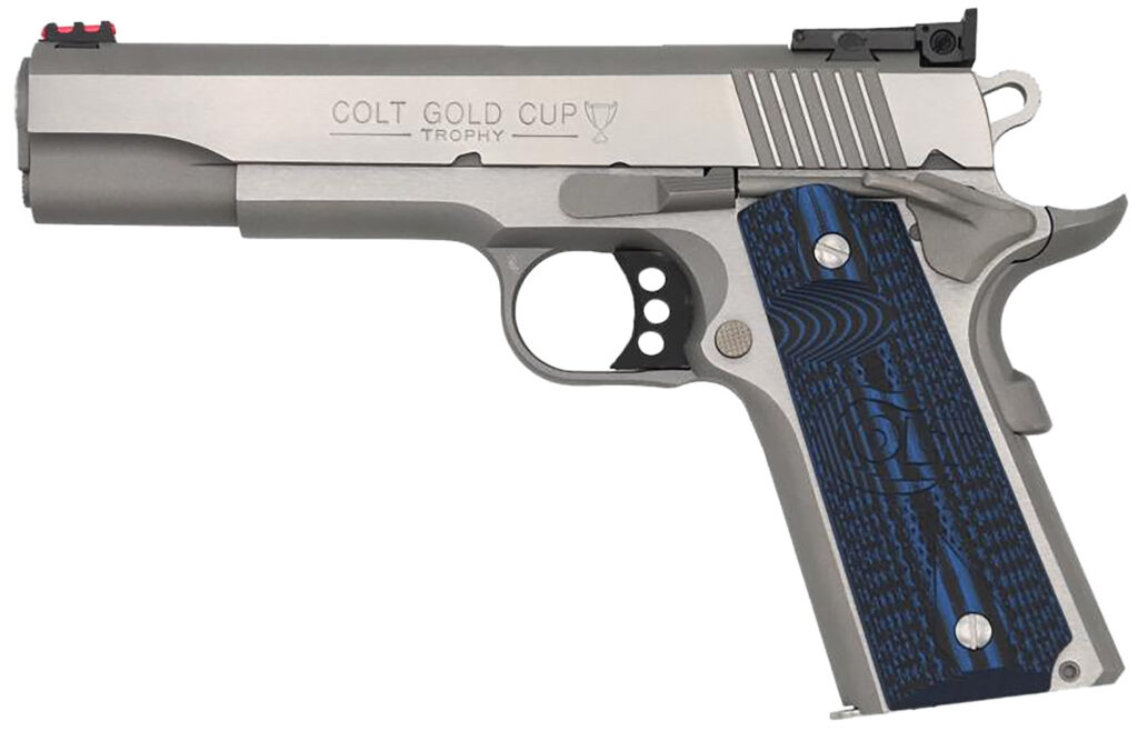 Colt 1911 Gold Cup .38 Super stainless pistol with blue G10 grips
