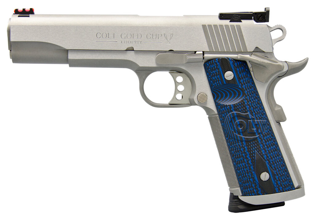 Colt Gold Cup Trophy .38 Super pistol with 5-inch stainless finish and G10 grips