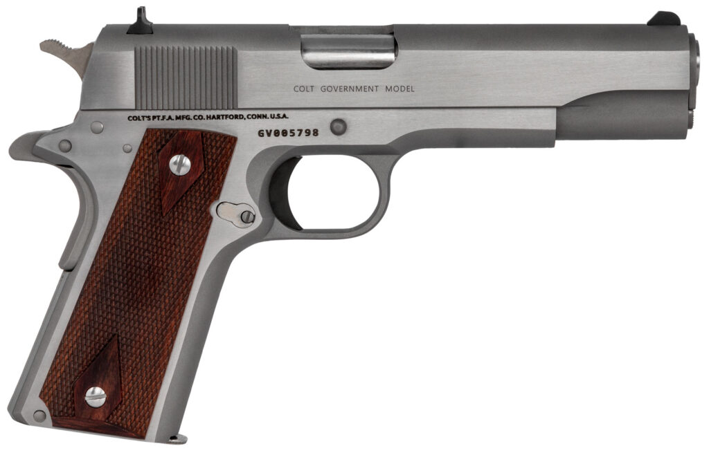 Colt 1911 Classic .45 ACP stainless pistol with 5-inch barrel and rosewood grips