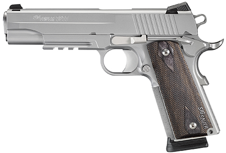 Sig Sauer 1911R .45 ACP handgun with 5-inch barrel, blackwood grips, night sights, and accessory rail