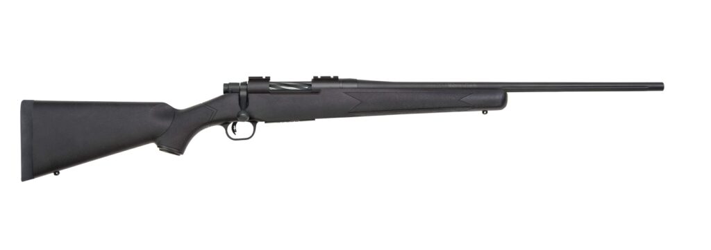 Mossberg Patriot bolt-action rifle with 22-inch fluted barrel and black synthetic stock