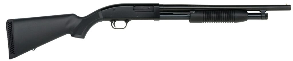Maverick 88 12 gauge pump shotgun with 18.5 inch blued barrel and black synthetic stock