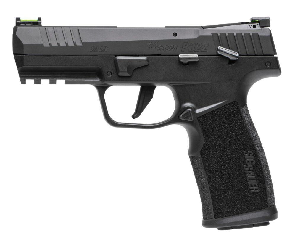 SIG Sauer P322 .22 LR handgun with 4-inch barrel, black finish, fiber optic sights, and optic-ready slide