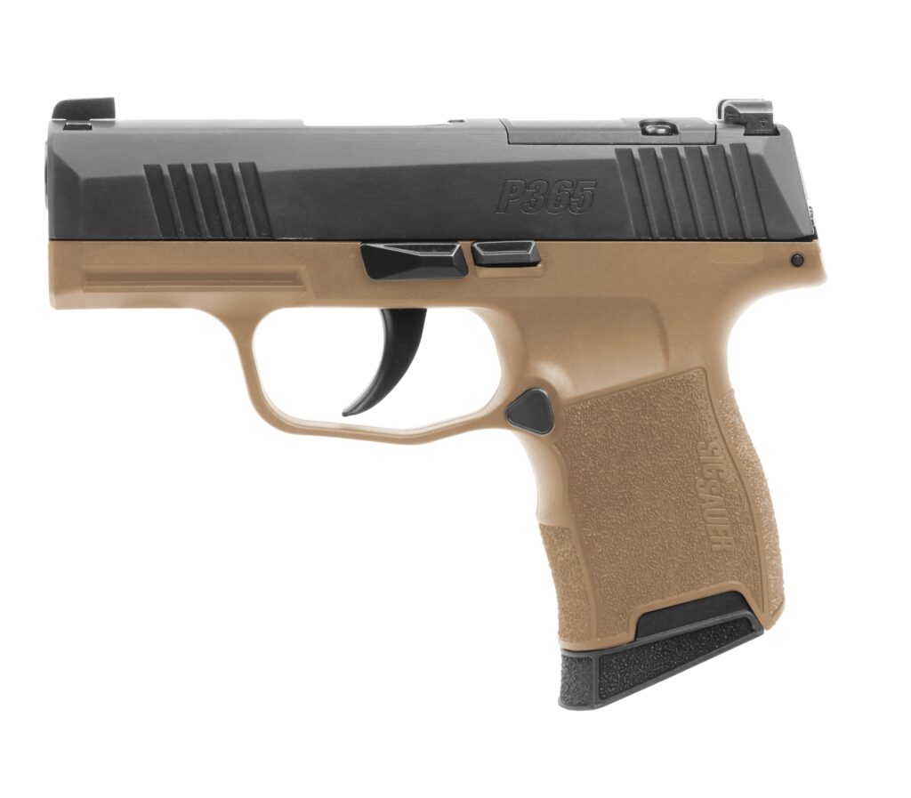 Sig Sauer P365 9mm handgun with 3.1-inch barrel and two-tone coyote finish