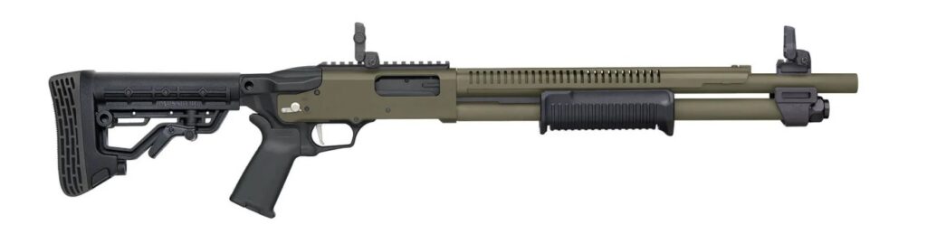 Mossberg 590R 12 gauge pump shotgun with 18.5-inch barrel and OD Green Cerakote finish
