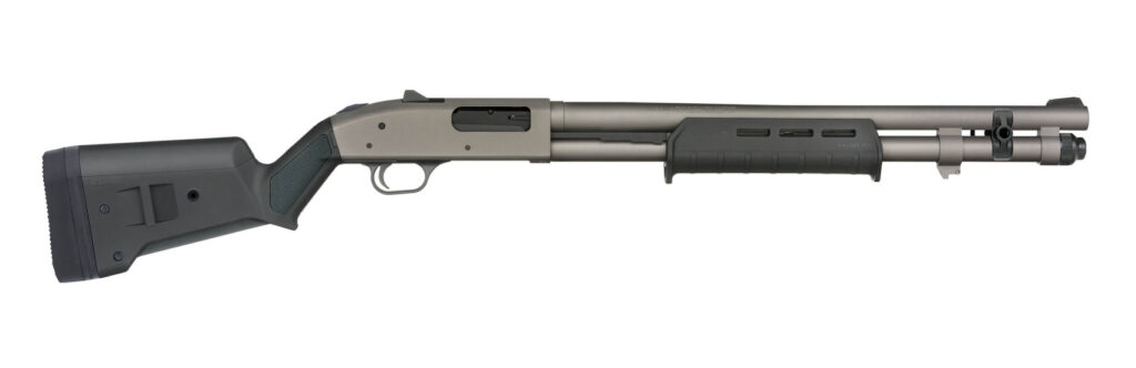 Mossberg 590A1 12 gauge pump-action shotgun with Tungsten Cerakote and Magpul SGA stock