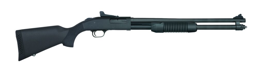 Mossberg 590 20 gauge pump-action shotgun with 20 inch barrel and ghost ring sights