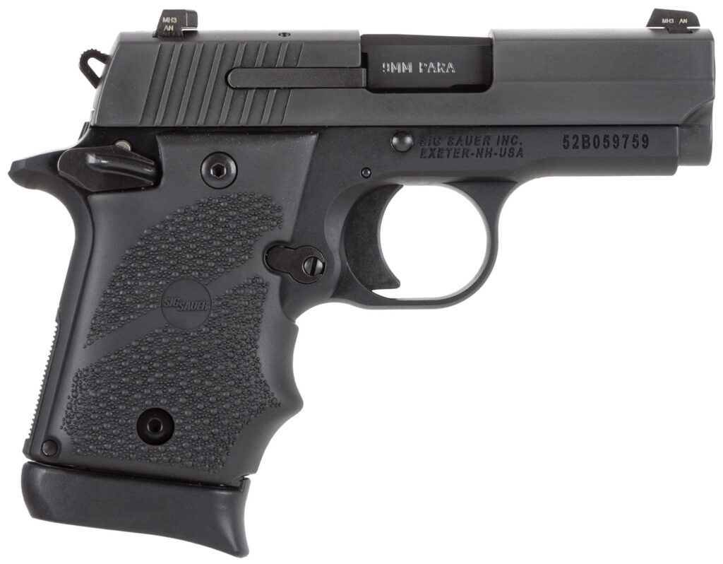 Sig Sauer P938 9mm pistol with 3-inch barrel, black finish, rubber grips, and night sights