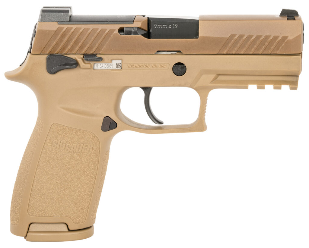 Sig Sauer P320 M18 9mm Luger handgun with 3.9-inch barrel and coyote finish