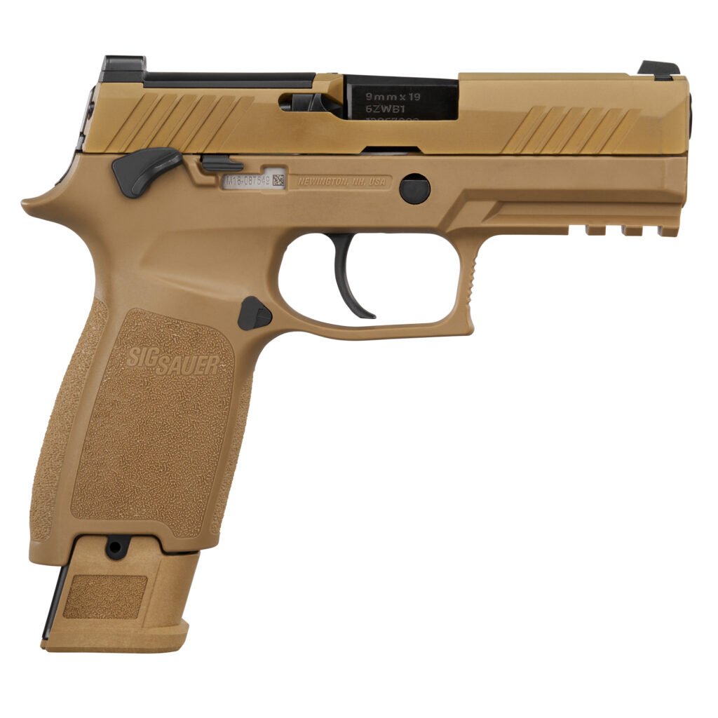 SIG Sauer M18 9mm semi-auto handgun with 3.9-inch barrel and coyote finish