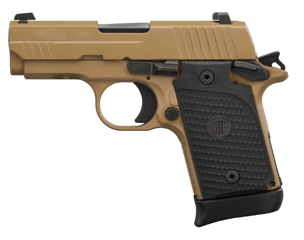 SIG SAUER P938 Emperor Scorpion 9mm Luger handgun with Flat Dark Earth finish and black G10 grips