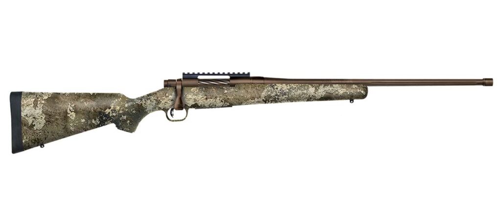 Mossberg Patriot Predator bolt-action rifle with 20-inch threaded barrel and True Timber Strata stock
