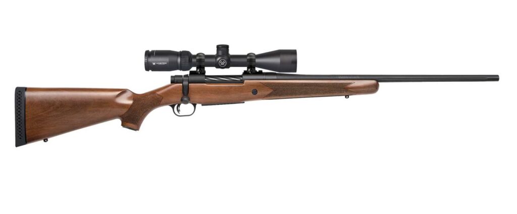 Mossberg Patriot 7mm-08 bolt action rifle with walnut stock and Vortex 3-9x40 scope