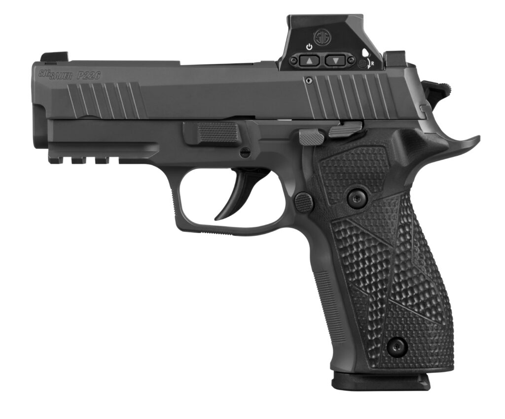 Sig Sauer P226 XCarry 9mm handgun with black finish, G10 grip, and optic-equipped slide