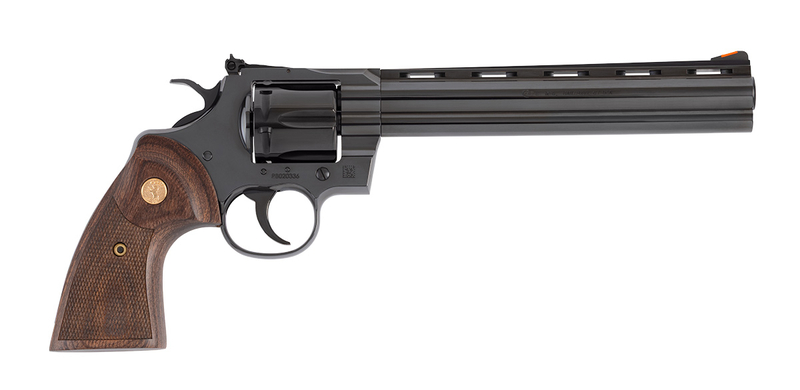 Colt Python .357 Magnum blued revolver with 8-inch barrel and walnut grips