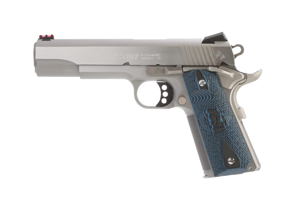 Colt 1911 Competition Series .38 Super pistol with 5-inch barrel and blue G10 grips