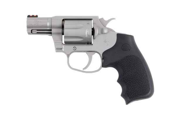 Colt Cobra revolver with stainless steel frame, fiber optic front sight, and Hogue rubber grip
