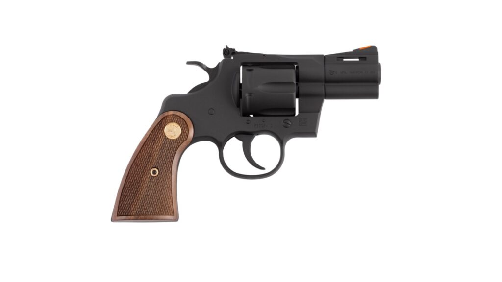 Colt Python .357 Magnum revolver with 2.5-inch matte blued barrel and walnut grip
