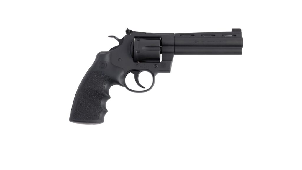Colt Python .357 Magnum revolver with 5 inch barrel, matte blued finish, and Hogue grip