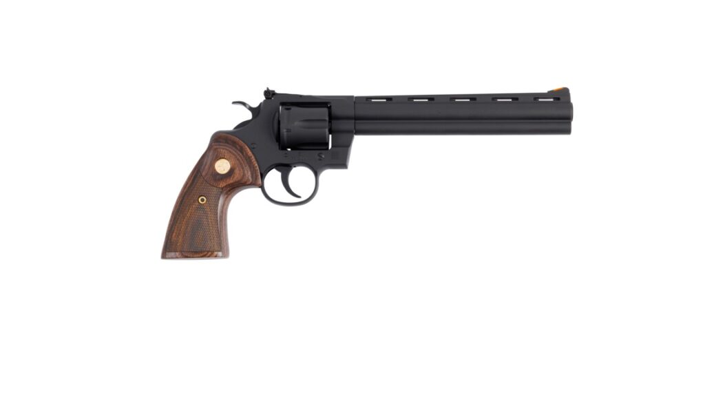 Colt Python .357 Magnum revolver with 8-inch barrel, matte blued finish, and walnut grip