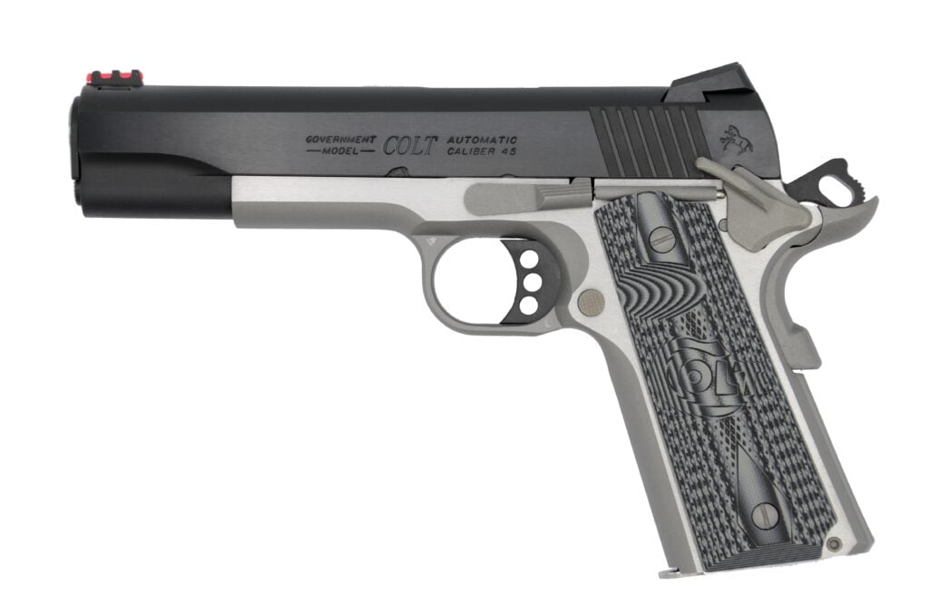 Colt 1911 .45 ACP handgun with 5 inch barrel, two-tone finish, and G10 grips