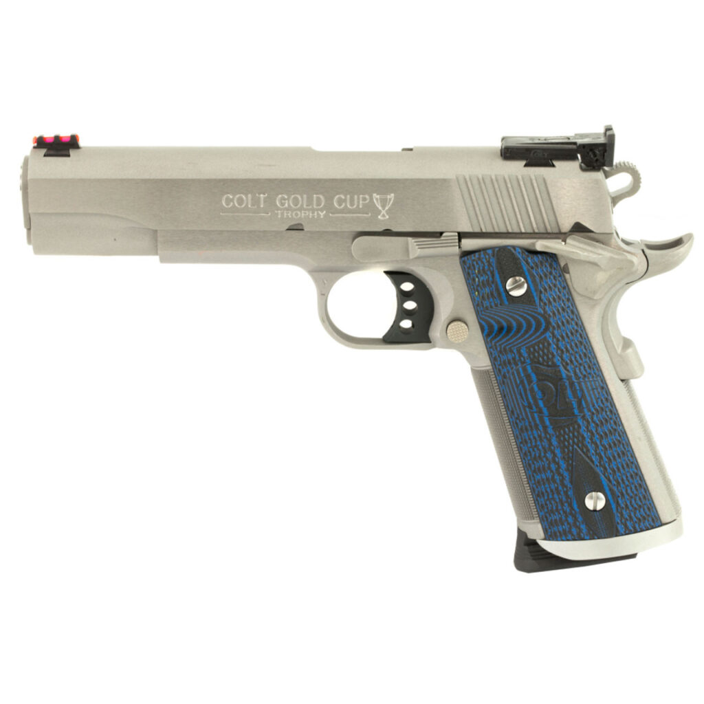 Colt Gold Cup Trophy .45 ACP pistol with stainless finish and blue G10 grips