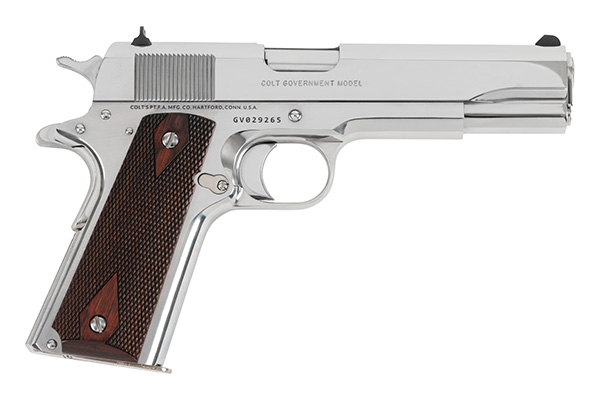 Colt Government 1911 .45 ACP semi-automatic pistol with 5-inch barrel and stainless finish