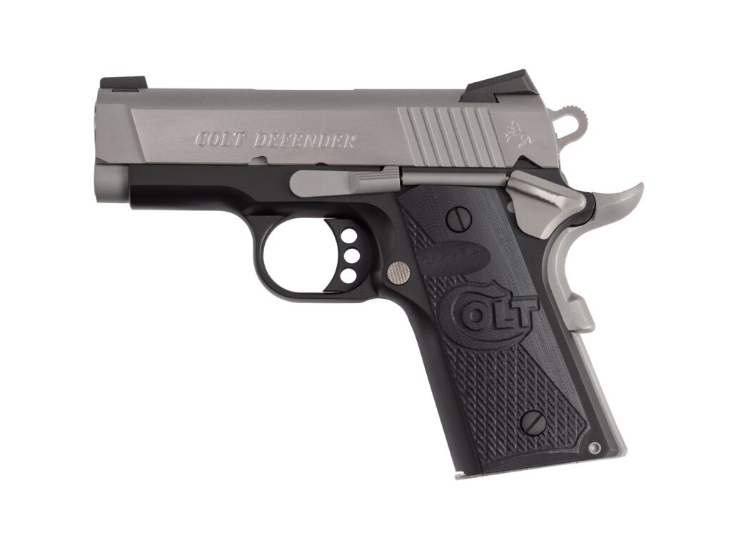 Colt Defender .45 ACP semi-automatic pistol with 3-inch barrel and G10 grip