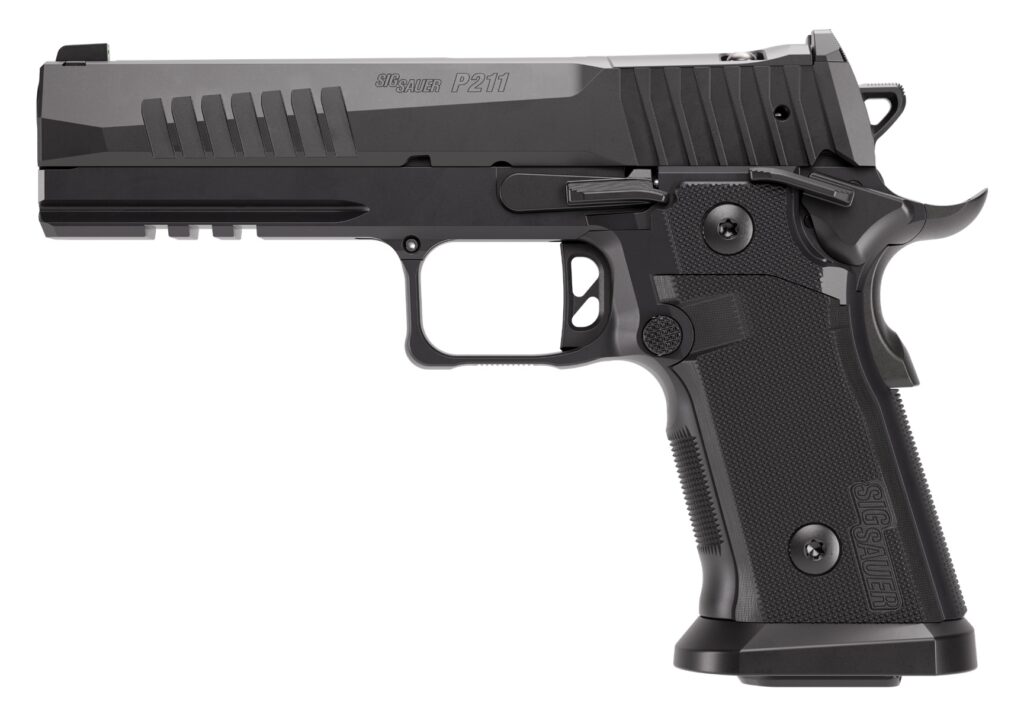 Sig Sauer P211-GT5 9mm handgun with 5-inch barrel, black finish, G10 grips, and optic-ready slide