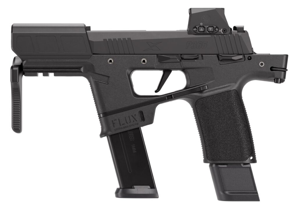 Sig Sauer P365-FLUX 9mm Luger handgun with 6-inch barrel, ROMEOX optic, and brace