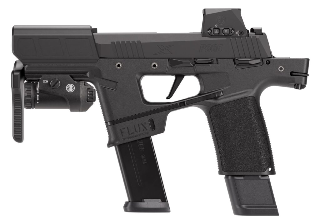 SIG SAUER P365 FLUX SENTRY 9mm handgun with 6-inch barrel and spring-deployed brace