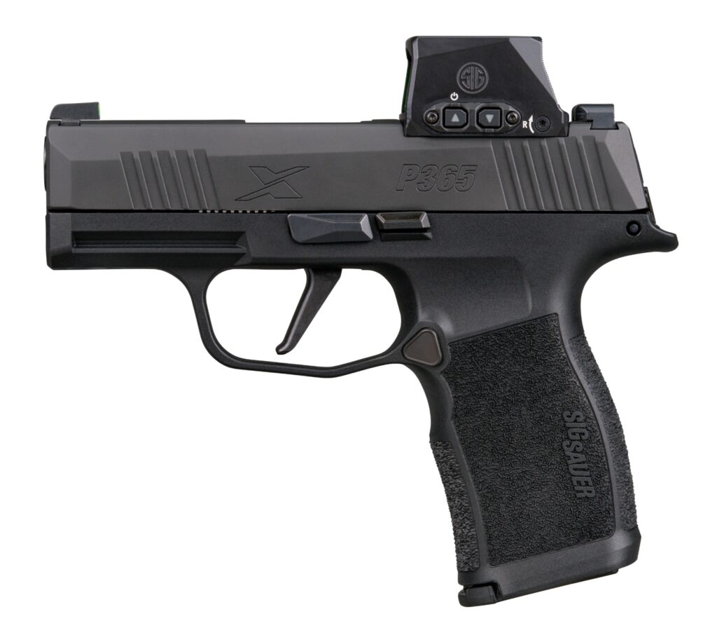 Sig Sauer P365X 9mm handgun with 3.1-inch barrel, optic, black polymer frame, and two magazines