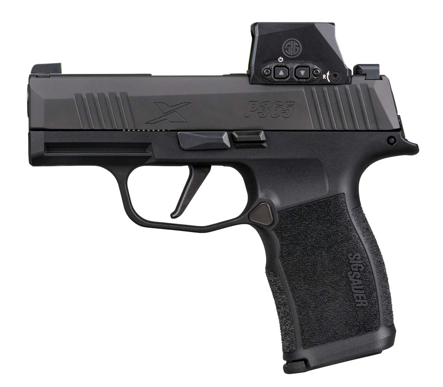 p365xromeo225a.jpg - Centurion Armament Co Sig Sauer P365X 9mm handgun with 3.1-inch barrel, optic, black polymer frame, and two magazines