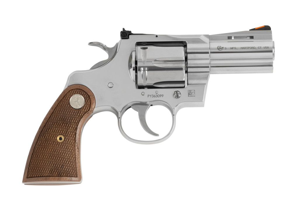 Colt Python revolver with 2.5-inch stainless barrel and walnut grips