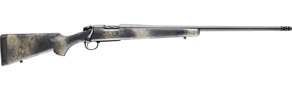 BERGARA B-14 Wilderness Ridge 7mm PRC rifle with gray Cerakote and camouflage synthetic stock