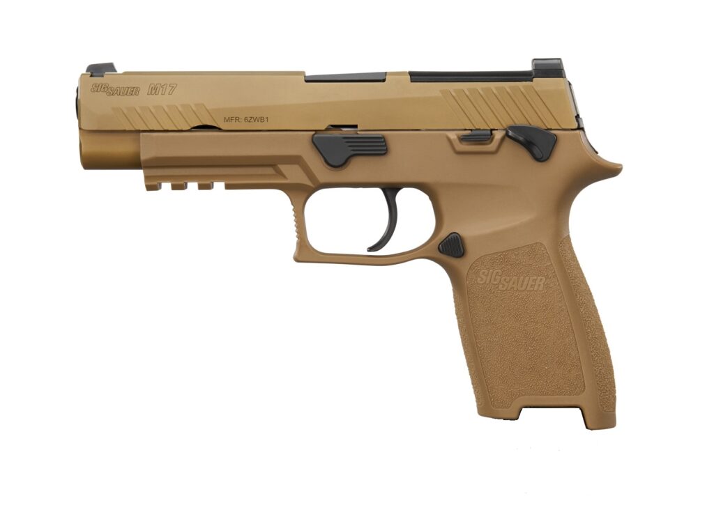 Sig Sauer M17 9mm pistol with 4.7-inch barrel, coyote finish, and manual safety