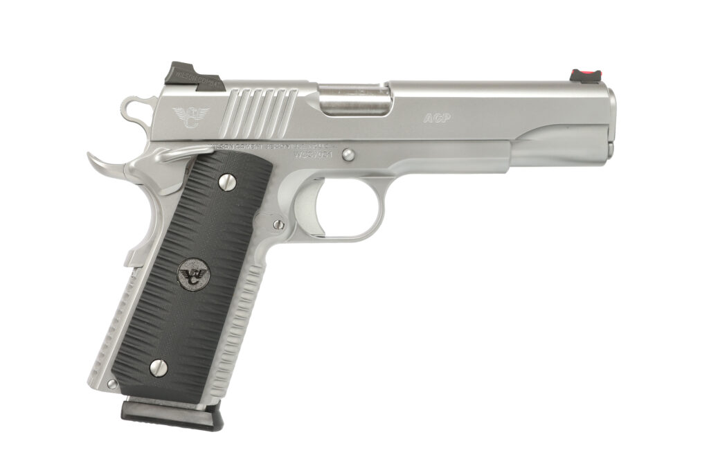 Wilson Combat ACP 9mm 5-inch semi-automatic pistol with stainless finish and gray G10 grips